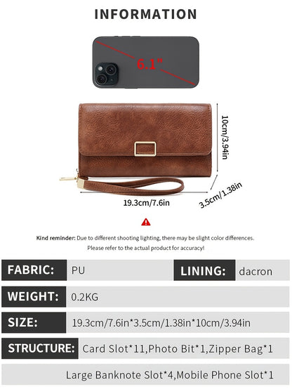 MIYIN Women's Vintage RFID Blocking Large Capacity Wallet with Wrist Strap - Tri-Fold  Handbag, Zipper Pocket & ID Slot, Multi-Card Holder (Credit/Debit) - Solid for Professional & Everyday Use