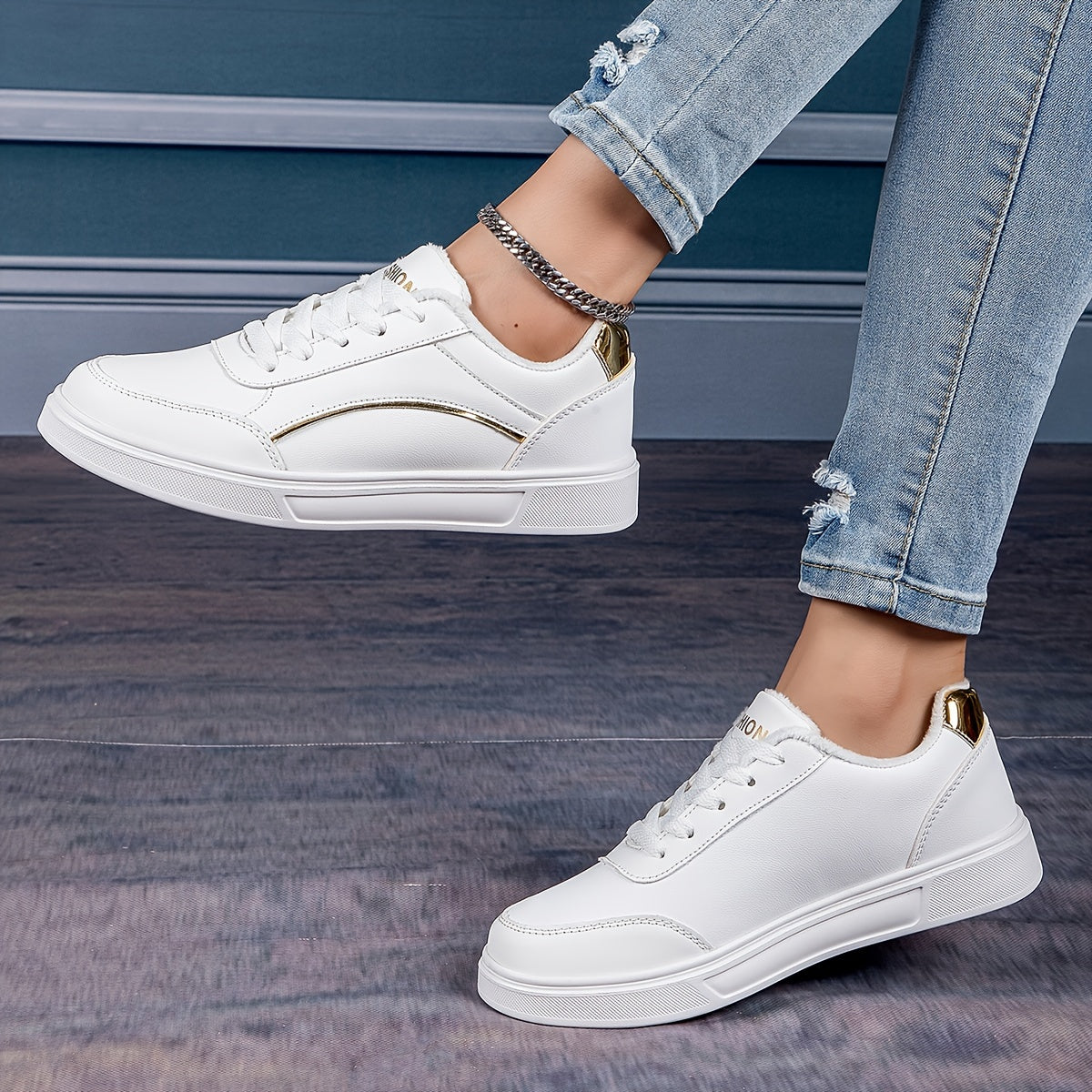 Women'S Fashion Sneakers, Low Top Lace-Up Sports Shoes, Solid Color with Glitter Embellishment, Lightweight All-Season Casual White Trainers, Durable EVA Sole, Fabric Inner & Insole, Microfiber Upper - Positioning Printing