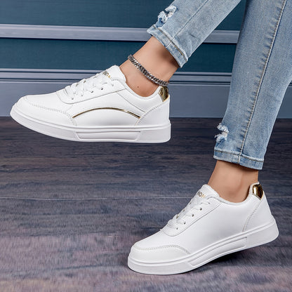 Women'S Fashion Sneakers, Low Top Lace-Up Sports Shoes, Solid Color with Glitter Embellishment, Lightweight All-Season Casual White Trainers, Durable EVA Sole, Fabric Inner & Insole, Microfiber Upper - Positioning Printing