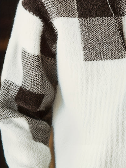 Տղամարդու կլոր վզնոցով սվիտեր, աշնանային և ձմեռային նոր ոճեր, նորաձև և բազմակողմանի, դիմացկուն, հաստ և տաք, երկար թևքերով, վանդակավոր նախշերով, մաշկին հարմար, հարմարավետ, փափուկ, երիտասարդական և նորաձև, նեղ չափսերով, նորաձև, գործնական