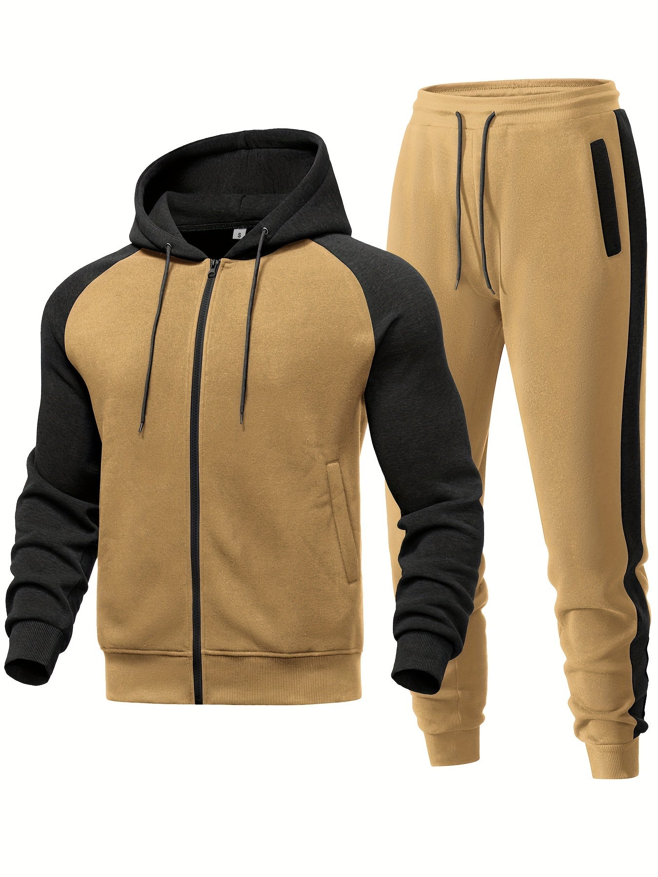 Men's Casual Sports Hoodie Two-Piece Set Four Seasons Color-Matching Zipper Drawstring Waist Jogging Suit - ayq
