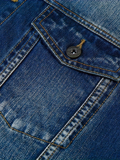 Men's Casual Denim Jacket - Spring & Autumn Collection, Washed Blue, Cotton Blend, Machine Washable, Lapel Collar with Pockets, 2024 New, Denim Jacket