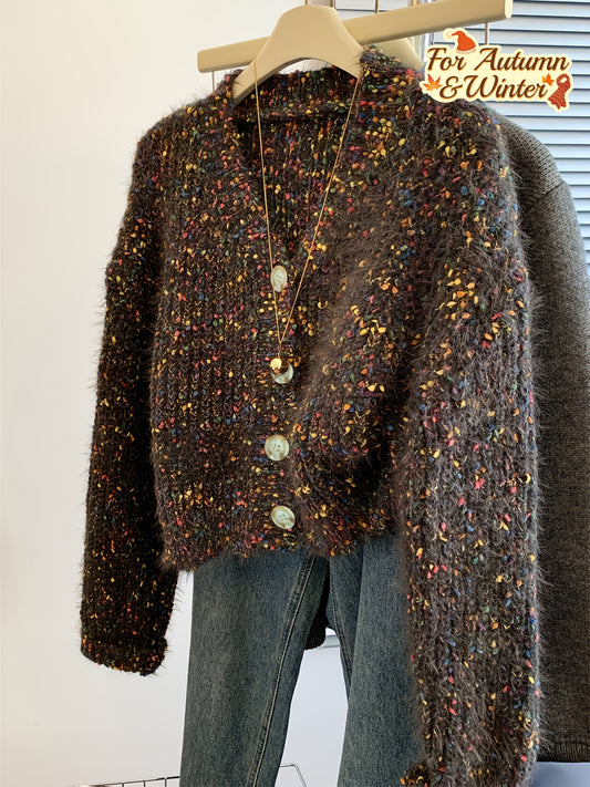 Women's Vintage Multicolor Tie-Dye V-Neck Soft Sweater Coat - Cozy Winter Jacket with Button Closure, Plush Collar & Relaxed Fit, Brown Base with Multicolor Patterns for Fall and Winter Layering (Hand Wash/Dry Clean)