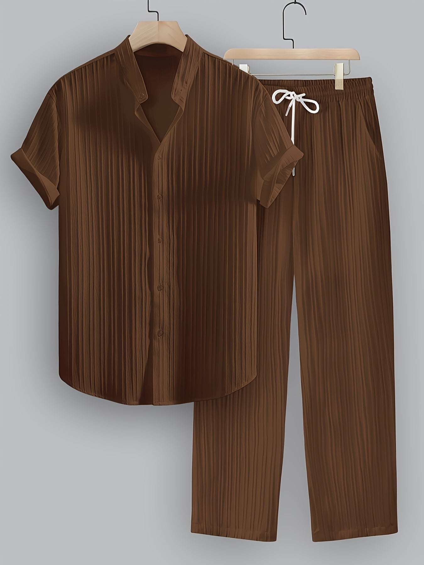 Men's Summer Casual Polyester Set with Stand Collar Shirt & Pants