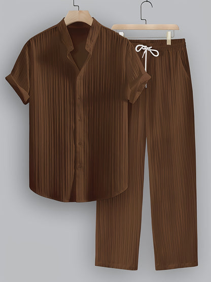 Men's Summer Casual Polyester Set with Stand Collar Shirt & Pants