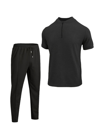 Men's Waffle Knit Zipper Shirt, Rib Collar Short Sleeve T-Shirt, Casual Breathable Summer Top - ayq