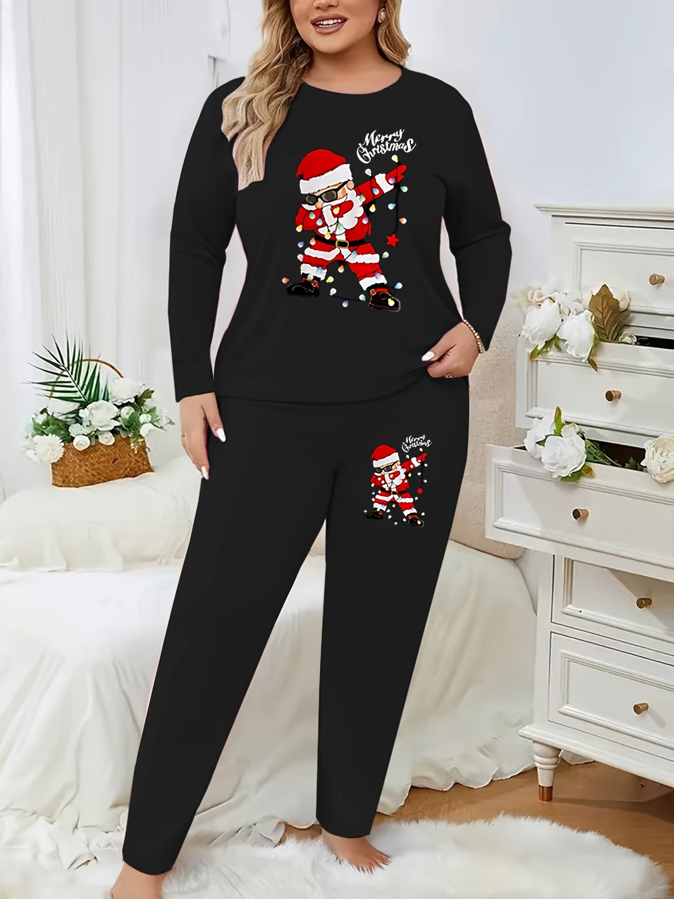Plus Size - Plus Size - Plus Size - Women'S Plus Size Christmas & Halloween Two-Piece Set - Cozy Long Sleeve T-Shirt with Santa Claus & Snowflake Print, Pockets, and Matching Pants, Casual Holiday Outfit for Fall and Winter,