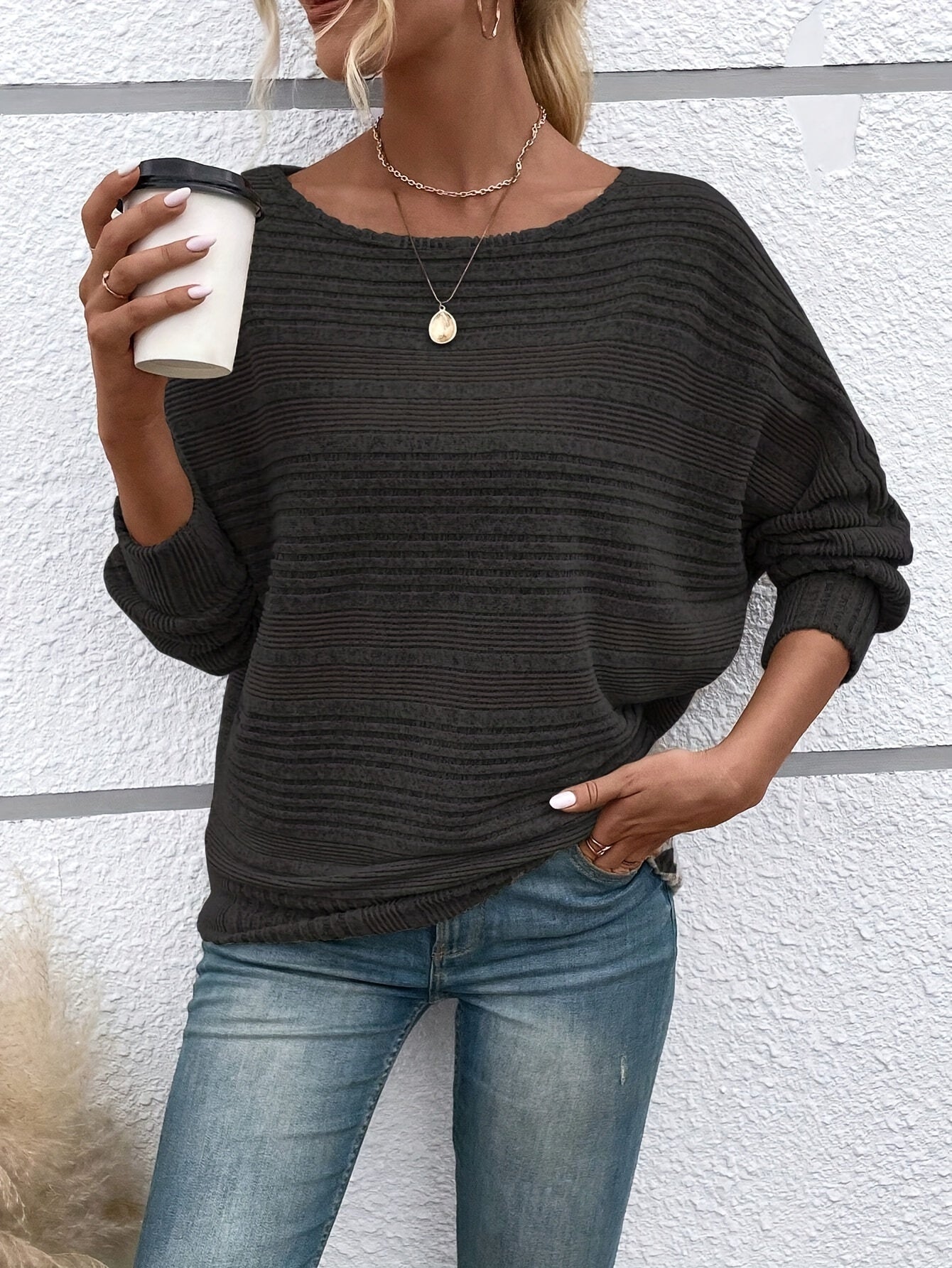 1 հատ Women'S Casual Crew Neck Knit T-shirt - պոլիեսթեր պինդ գույնի երկարաթև վերնաշապիկ գարնան/աշունի համար