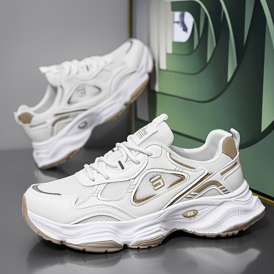 Men'S 2025 New Fashionable Low-Top Sneakers with Thick Sole - Non-Slip, Outdoor Casual Shoes for Teenagers and Young Adults, White and Golden Accents, All-Season Comfort, Casual Footwear   Modern Sneaker Design   Rubber Base