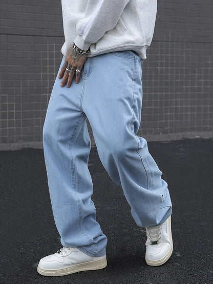Men's Loose Solid Denim Pants With Pockets, Causal Cotton Blend Jeans For Outdoor Activities