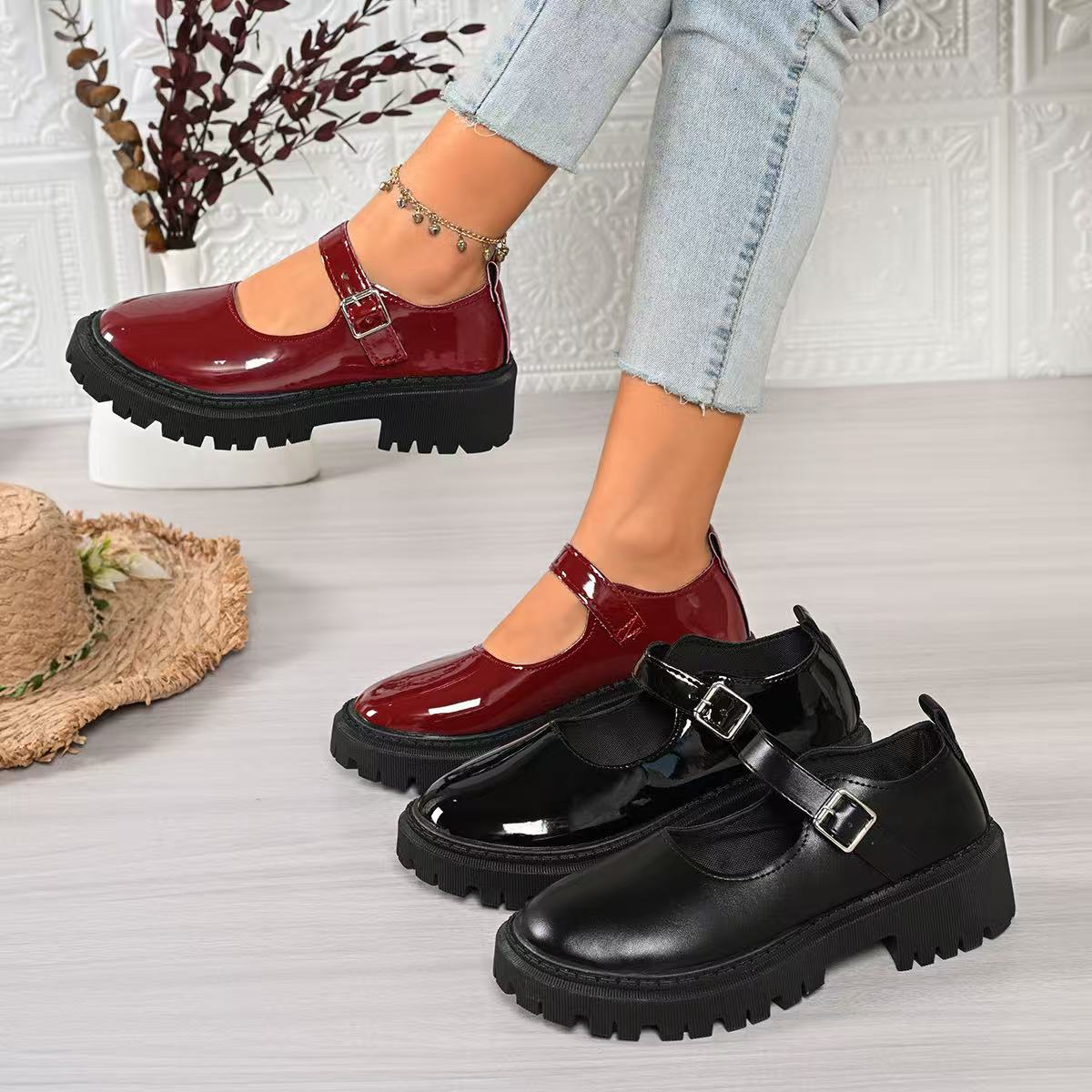 Women’s Preppy Mary Jane Flats with Buckle and Thick Sole