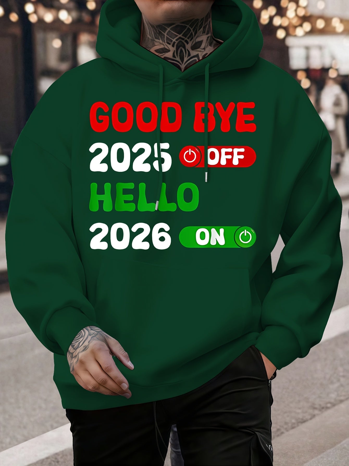 Men's 2025 New Year Print Hooded Sweatshirt - Kanji-Inspired "Goodbye 2025 2026" Pullover, Winter Warm Casual Sweater with Green/Red Toggle Switch Design, Machine Washable Red Hoodie for Christmas & NYE Parties