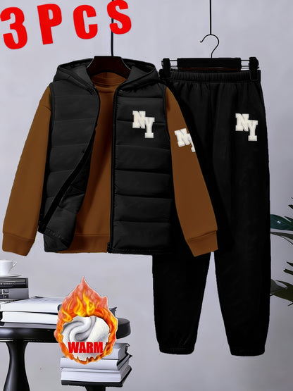 3pcs Boys' Winter Warm Uniform Set - NY Logo Lettered Jacket, Sweatshirt & Pants with Numbered Parch-Like Strips (8-12 Years) | Machine Washable 3pcs Outfit for, & Cold Weather | Non-Stretch Layered Clothing, Perfect for Outd