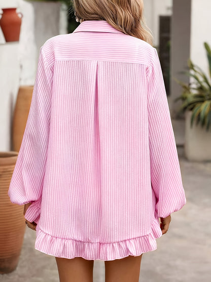 Women's Striped Bubble Crepe Button-Down Shirt & Shorts Set