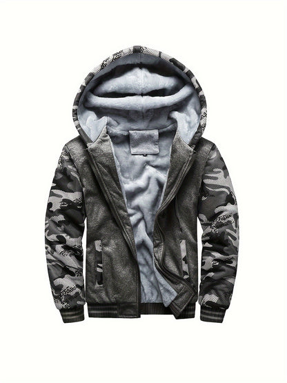 Color Block Sherpa Lined Men's Hooded Jacket, Casual Long Sleeve Hoodies With Zipper, Gym Sports Hooded Coat For Winter Fall