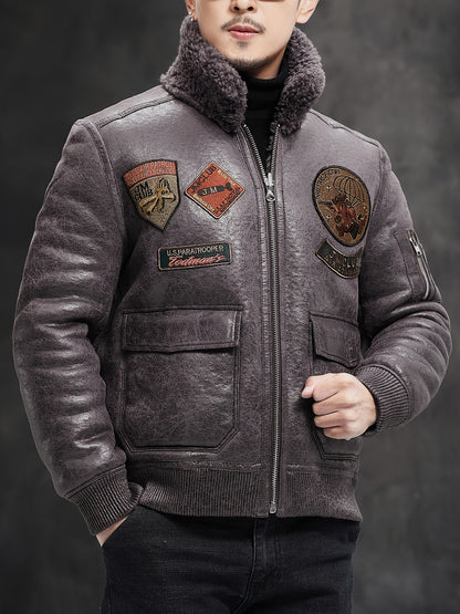 Men'S Faux Fur Lined Biker Jacket, Casual Long Sleeve Applique Air Force Style, Polyester 100% Knit Fabric, Solid Color Lapel Collar, Zipper Closure, Regular Fit for Daily & Golf Occasions - Fall/Winter Collection