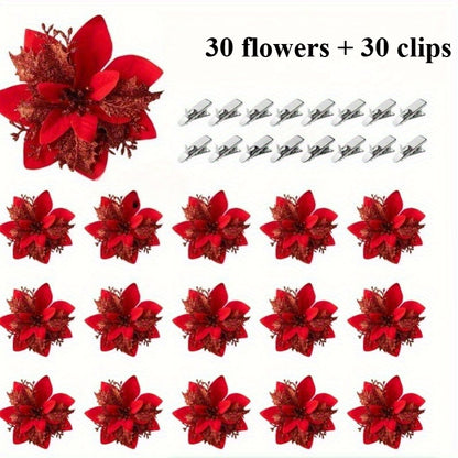 60 Shiny Flower Clips - 5.5-Inch Large Decorative Set, Suitable for Christmas, Weddings, New Year & Family Gatherings - Includes 30 Flowers & 30 Clips, Easy To Hang, Best For Christmas