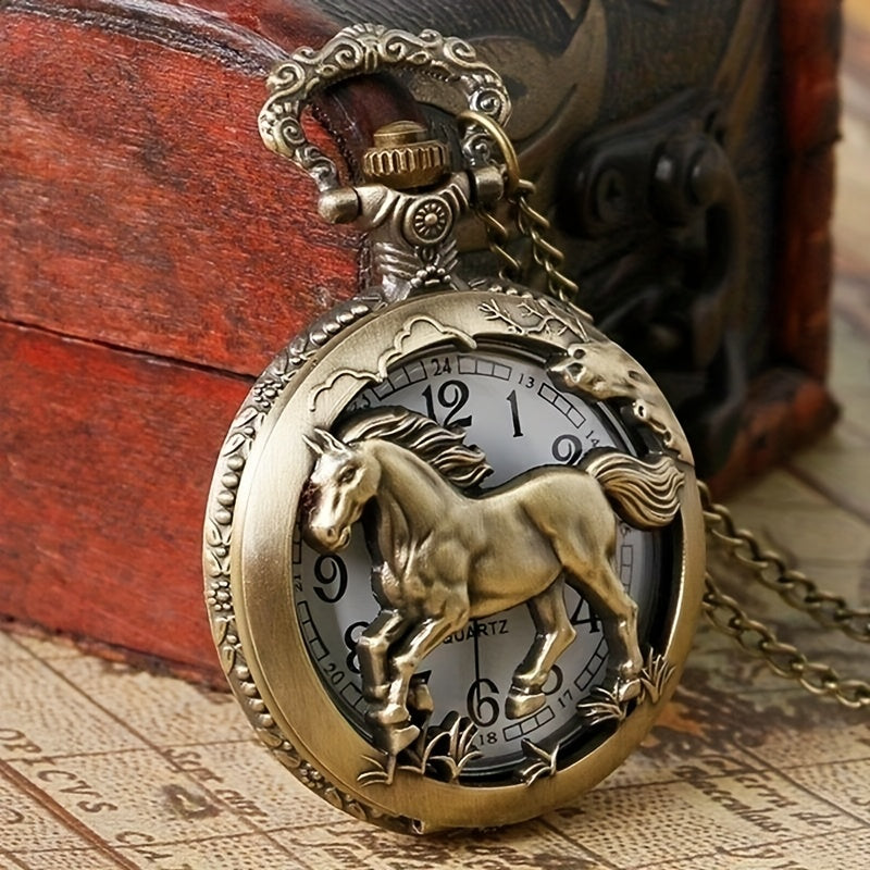 Retro Hollow Horse Quartz Pocket Watch Necklace, Animal Pendant Chain Souvenir Birthday Gift