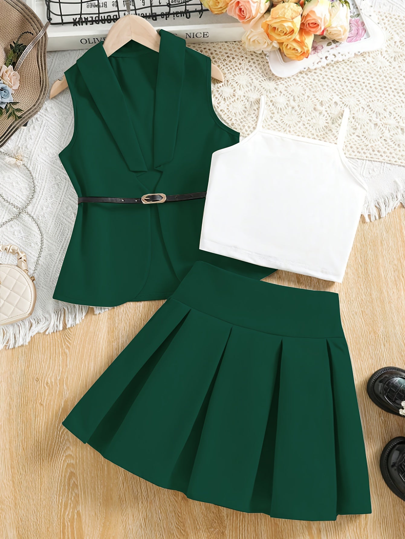 Girls' Preppy 3-Piece Set: Vest, Camisole, and Skirt for Spring