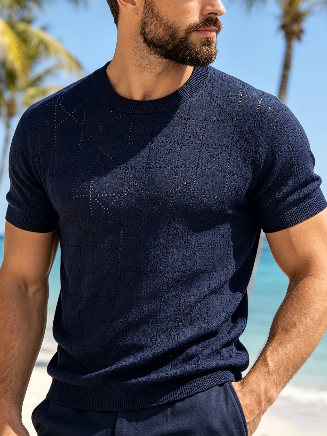 Men's Loose Fit Short Sleeve Hollow Knit Crew Neck Top