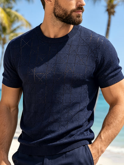 Men's Loose Fit Short Sleeve Hollow Knit Crew Neck Top