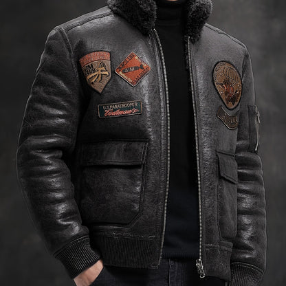 Men'S Faux Fur Lined Biker Jacket, Casual Long Sleeve Applique Air Force Style, Polyester 100% Knit Fabric, Solid Color Lapel Collar, Zipper Closure, Regular Fit for Daily & Golf Occasions - Fall/Winter Collection