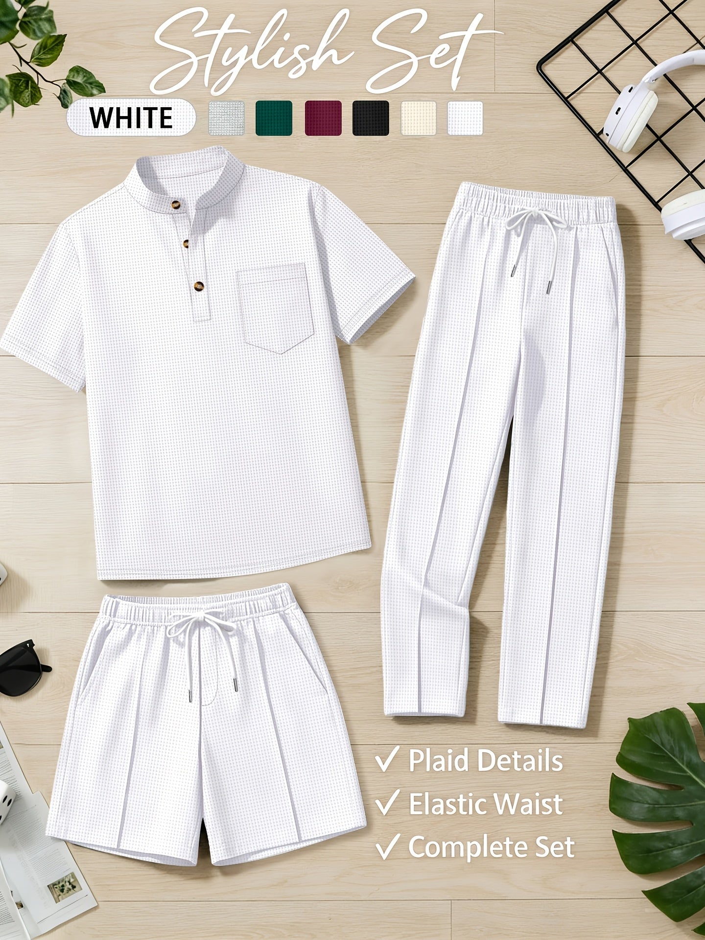 Men's Casual Stand Collar Shirt & Elastic Waist Shorts Set