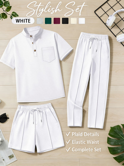 Men's Casual Stand Collar Shirt & Elastic Waist Shorts Set