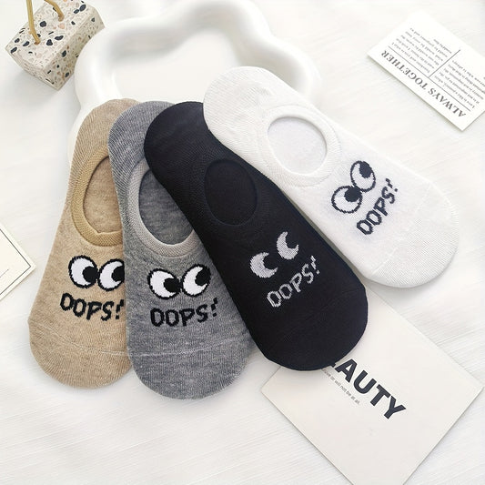 4 Pairs of Women's Boat Socks, Thin Spring and Autumn Style Cute Big Eyes Female Solid Color Anti-slip Invisible Socks Couple Models