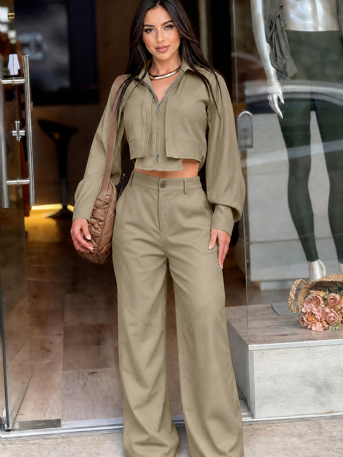 Women’s Two-Piece Zipper Top & High-Waist Wide-Leg Pants Set - ayq