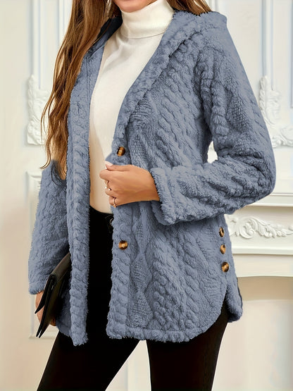 Elegant Pink Faux Fur Coat for Women - Chic Button-Front Hooded Jacket with Sleek Collar, Long Sleeves, and Ribbed Detailing - Perfect for Fall & Winter, Hand or Dry Clean Only