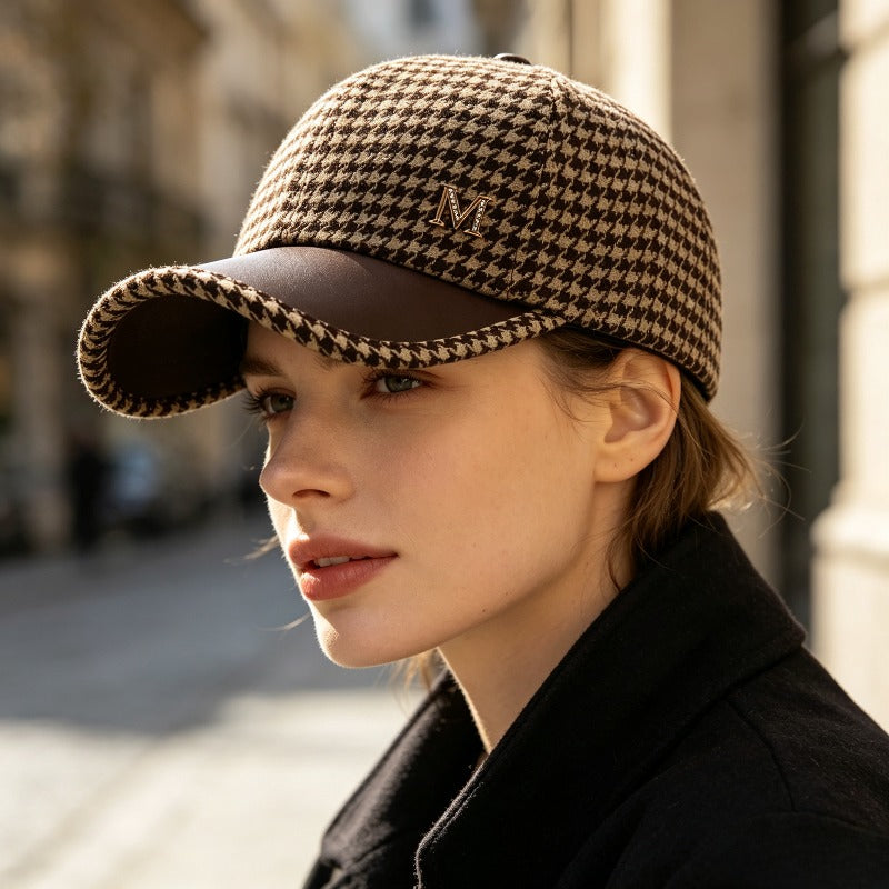 Women's Korean-Style Checkered M Logo Fedora Hat for Fall/Winter