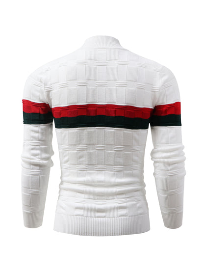Temujin OBM Men's Fashion Mid-Neck Button Contrast Stripe Three-Dimensional Plaid Knit Top