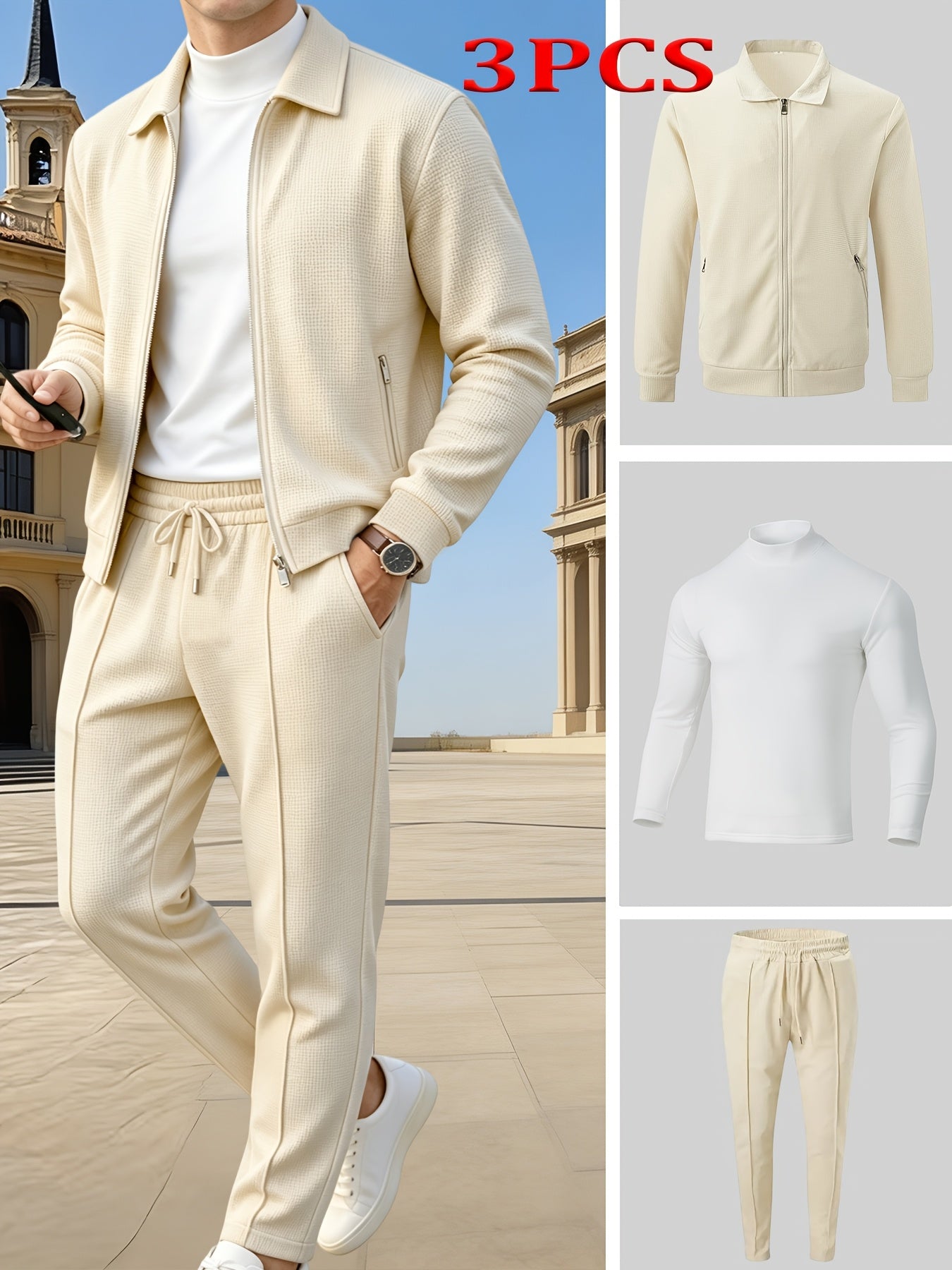 Men's Casual 3-Piece Knit Set with Zipper Jacket & Drawstring Pants