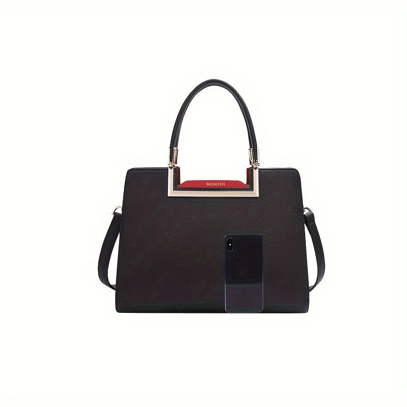 Elegant Black Split Leather Satchel Bag with Removable Strap