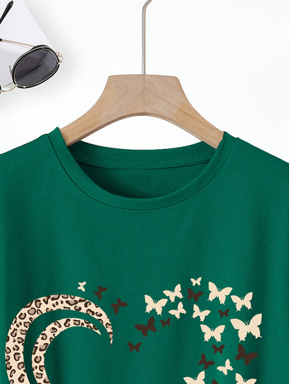 Women's Comfortable and Fashionable Round Neck Top, Casual T-shirt with Butterfly Love Print, Spring and Summer Sports, Women's Clothing