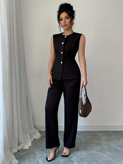 Elegant Crew Neck Pantsuit, Solid Color Sleeveless Suit, Polyester Blend Woven Fabric, Chic Office Wear for Women, for Spring/Fall
