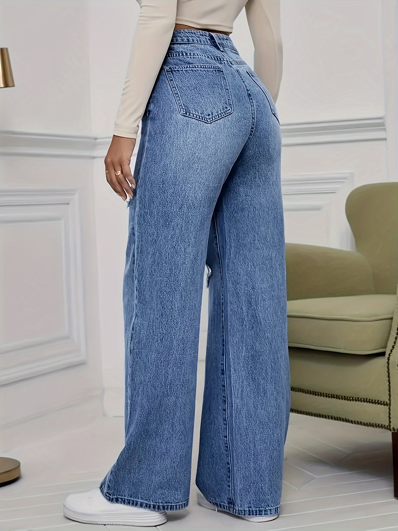 Women's Fashion Stretch Denim JK8820-T# Long Pants, Casual Washed Jeans, Straight Fit, No Belt, All-Season, Solid Color, Regular Length, Built-in Zipper, CPUY Brand