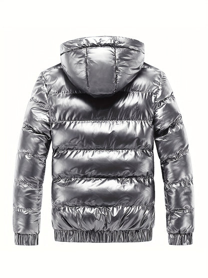 Men's Black Glossy Finish Jacket with Hood - Winter Coat, Zippered Pockets, Ribbed Cuffs & Waistband, Hand Wash Only, Regular Fit for Autumn & Cold Weather