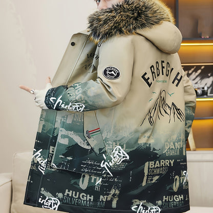 Men's Heavy-Duty Hooded Winter Jacket with Mountain Logo Back Print, Full-Zip Long Coat & Pockets - Large Hood for Extreme Cold, Machine Washable -Filled Outerwear (Casual/Climbing/Skiing) - Black, Winter Boots For Men, Men W