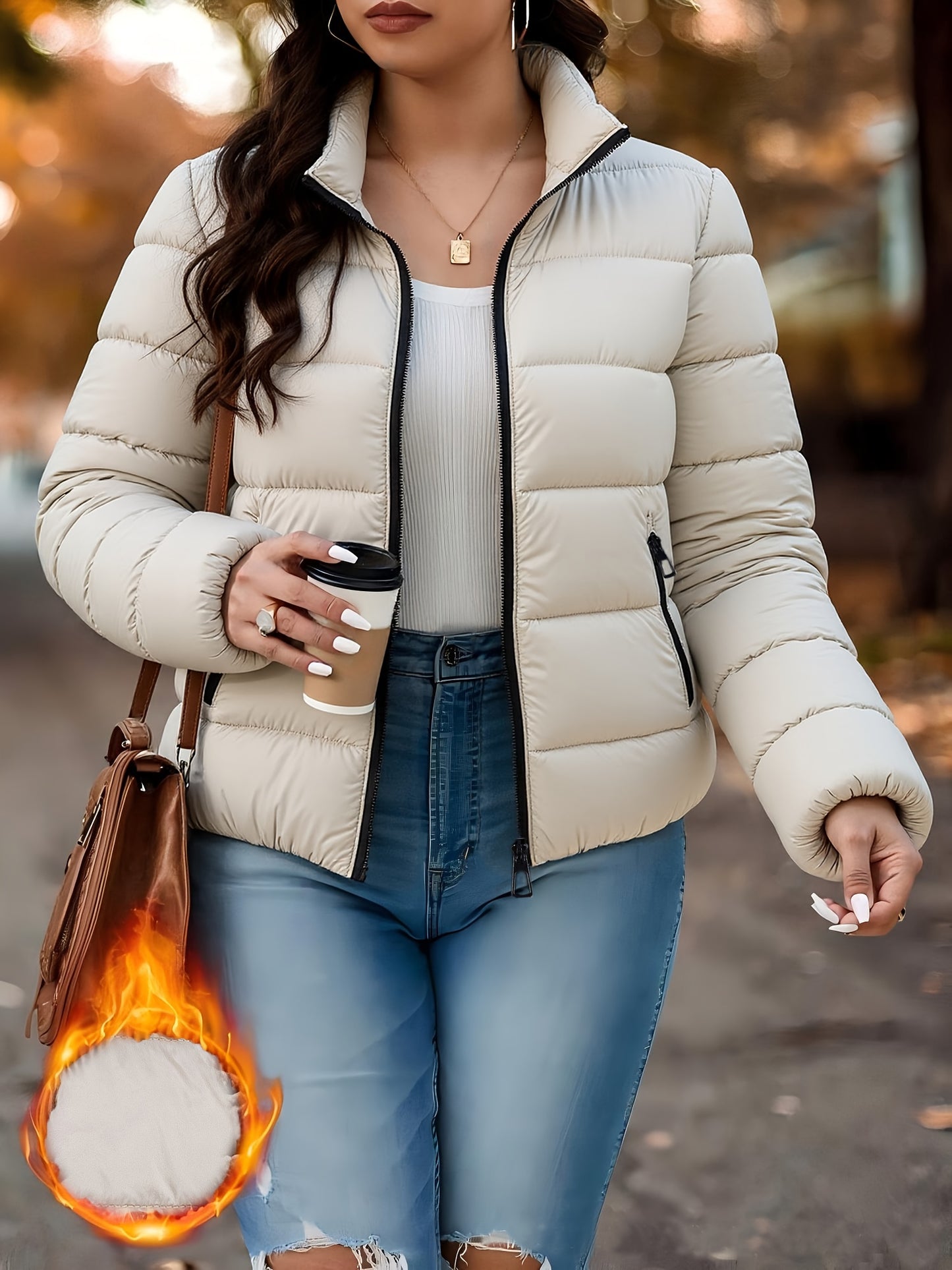 Կանացի էլեգանտ ձմեռային տաք բաճկոն՝ կայծակաճարմանդով, առջևի մասում՝ A-գծի ուրվագիծ և կանգնած օձիք - Բեժ/սպիտակ վերարկու՝ կայծակաճարմանդով, լվացքի մեքենայով լվացվող վերնազգեստ՝ ամենօրյա և պաշտոնական միջոցառումների համար - Cozy Winter Outer J