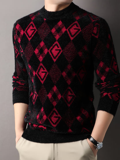 Maqiqi OBM Men's New Autumn/Winter Knit Pullover, Plaid Pattern Men's Sweater with Letter Decoration, Faux Mink Fur Round Neck Long Sleeve Men's Top, Soft and Comfortable Fabric, Suitable for Casual Outings, Men's Gift