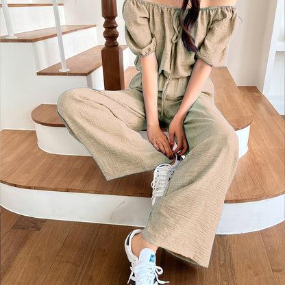 Women's Summer Solid Color Off-Shoulder Puff Sleeve Crop Top and Loose Wide-Leg Pants Two-Piece Set - ayq