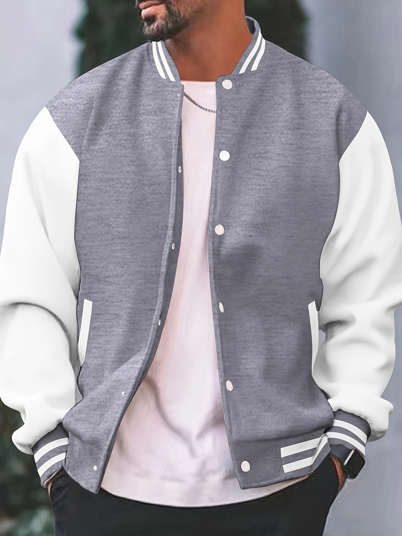 Տղամարդու ամենօրյա բեյսբոլի բաճկոն - ոճային սև՝ սպիտակ շերտերով, կոճակներով, երկար թևքերով, իդեալական է գարնան և աշնան համար, ամենօրյա հագուստ, ամենօրյա հագուստ | Բեյսբոլի բաճկոն | Constructio