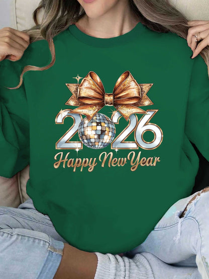 Women'S 2026 Happy New Year Disco Ball Sweatshirt - Black with Golden Glitter & Bow Graphic, Cozy Round Neck Long Sleeve Casual Pullover for Winter, Festive Party Outfit & Casual Attire, New Year Shirt, Yorkshire Terrier Swea