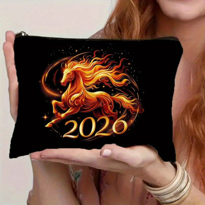 2026 Year of the Horse Chinese New Year Makeup Bag - Large Capacity Golden Horse & Red/Golden Auspicious Patterns Case, Durable Zipper Closure, Beige Gift for /, /Guys, Lunar New Year or Horse Lover Present