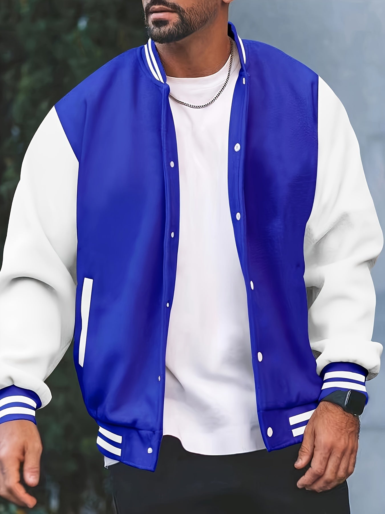 [Bold Design] Men's Stylish Black & White Varsity Jacket - Casual Baseball Coat with Pockets, Button-Up Front, Long Sleeve, Polyester Blend, Perfect for Fall & Winter, Casual Sportswear | Casual Fashion Jacket | Cotton Comfor