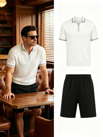 Men's Casual Striped Knit Polo & Lightweight Shorts Set