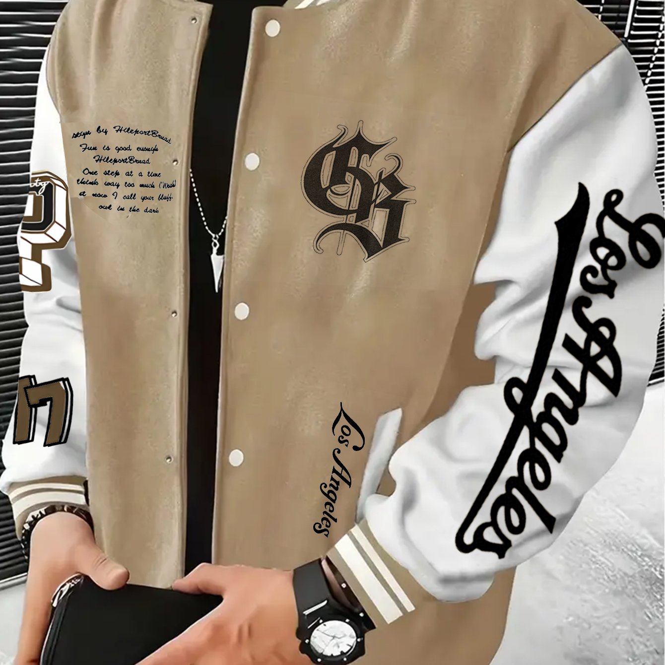 Men's Los Angeles Logo & Greek Letter Jacket - Oversized Loose Fit Baseball Collar Button-Front Coat with Number 27 Back Print, All-Season Casual Sportswear (Hand Washable) - -Themed Outerwear for Fans