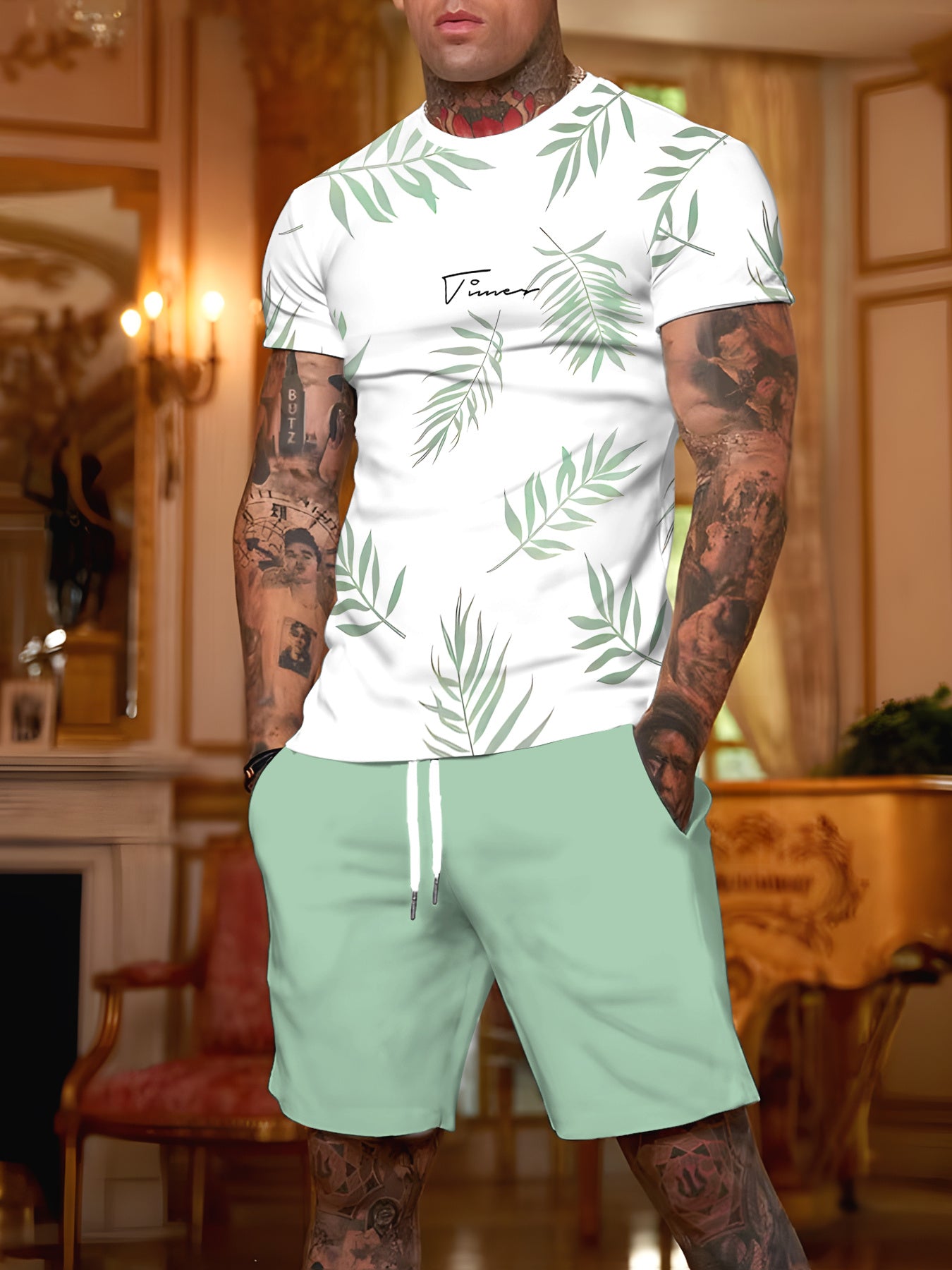 Men's Casual Two-Piece Leaf Print Set with Stretch Fabric